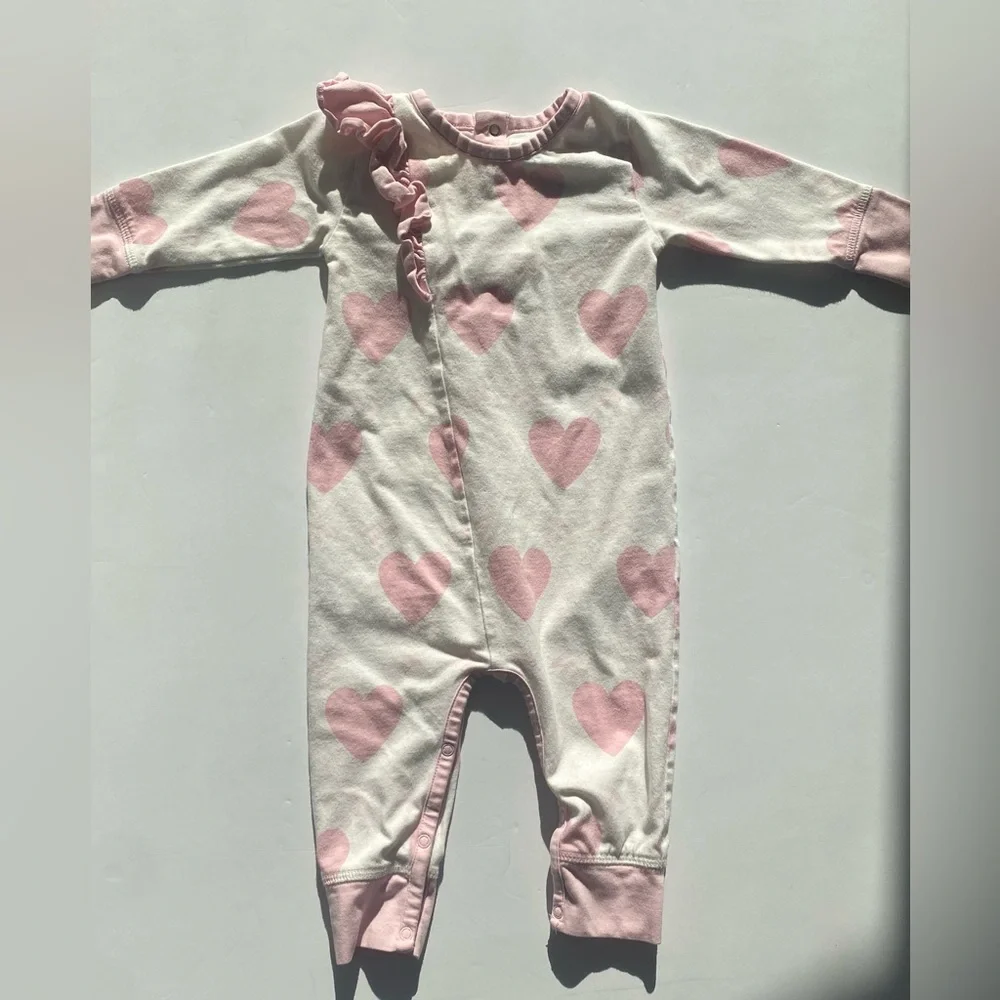 Monica & Andy Pink Heart Kids One Piece Jumper Ruffle Detailing 6-9months